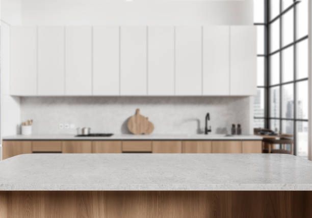 istock Mockup stone countert on background of kitchen interior with window 2191724399