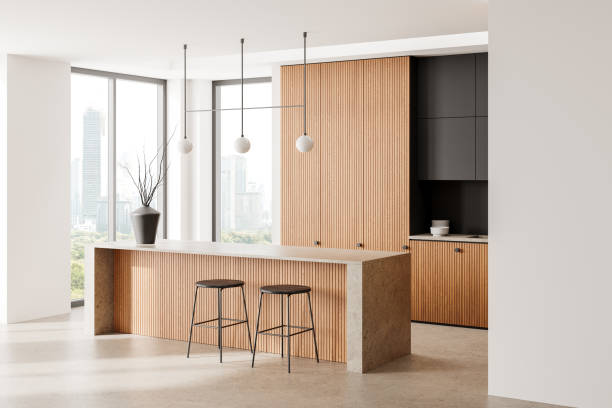 istock Elegant home kitchen interior with bar island, cabinet and panoramic window 2191724442