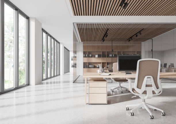istock Spacious modern office with open concept, featuring wooden elements and large windows. Bright and professional atmosphere. 3D Rendering 2191724702