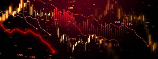 Financial market chart showing downward trends with red candlesticks and graphs on a dark background. Concept of stock market crisis. 3D Rendering