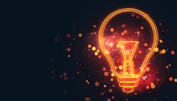 istock Glowing orange neon lightbulb icon with abstract bokeh and sparkles on dark background. Symbol of creativity, innovation, and ideas. 3D Rendering 2191725782