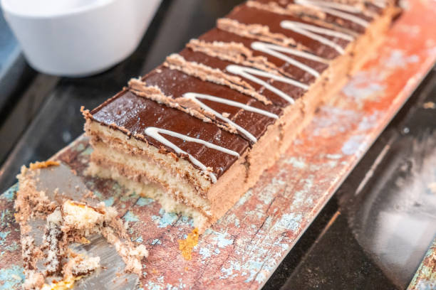 istock A chocolate cake with white frosting is cut into pieces 2191726009