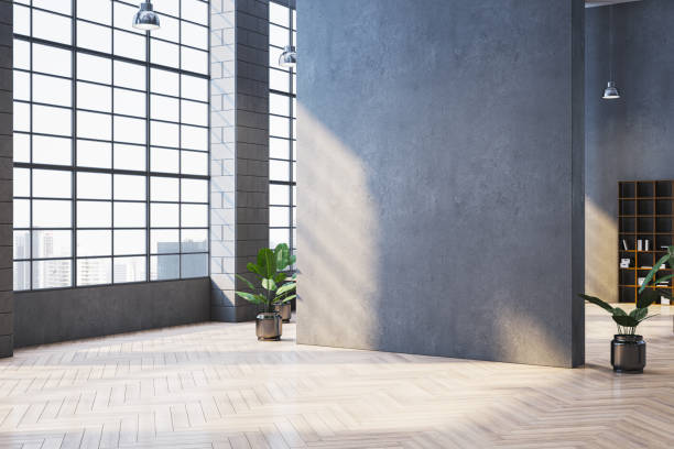 istock Modern office interior with large glass windows, wooden floor, and minimalist decor featuring potted plants and shelves. 3D Rendering 2191726183