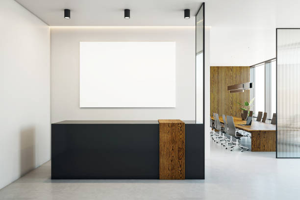 istock Modern office reception interior with blank wall for branding, featuring wood and black desk, adjacent to a conference room. 3D Rendering 2191726529