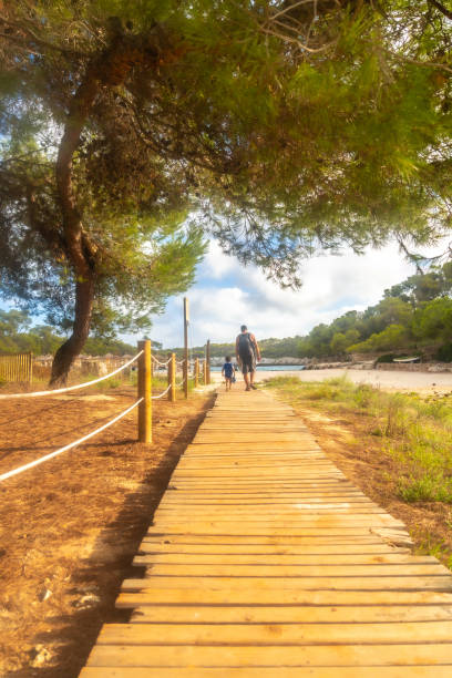 Tourists walking down wooden walkway leading to beautiful beach on sunny summer day in mallorca, spain