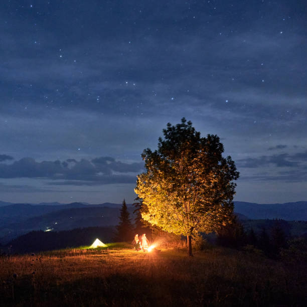 Serene nighttime camping in mountains with two illuminated tents and campfire under solitary tree. Silhouettes of hikers resting at campsite. Starry sky and distant mountain ranges on background.