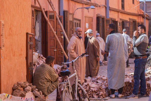 Marrakech, Marocco - February 22, 2024; men on a leather market in central Marrakech