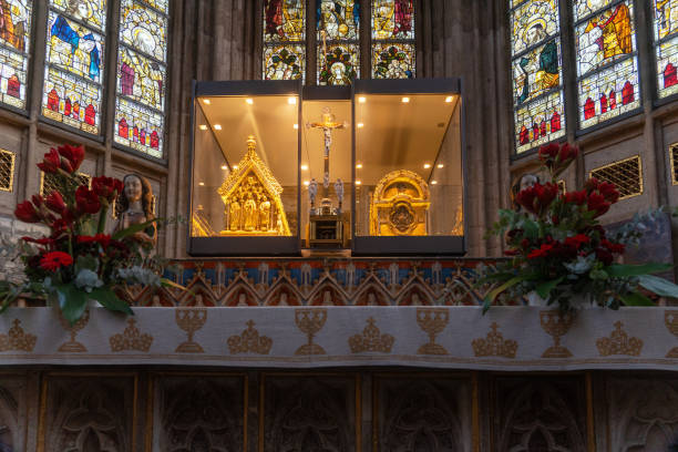 Cologne, Germany, December 2024: Stained Glass Windows in St. Ursula, one of the Twelve Romanesque Churches of Cologne.