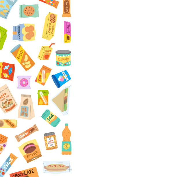 istock snack products. junk food for fast snacking ice cream chocolate bars cold drinks sandwiches. vector background with place for text 2191732852