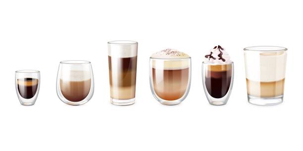 istock Realistic coffee glass cups. Irish coffe with cream foam or double espresso in glasses cup, macchiato milk latte hot ice morning breakfast drink, 3d set exact vector illustration 2191733112