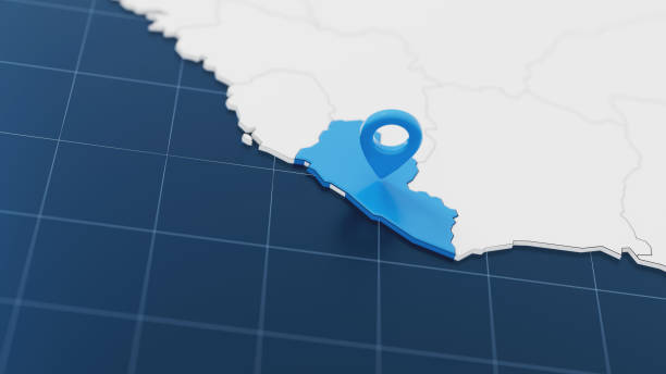 Blue Liberia 3d map with pointer pin surrounded with other countries in white. Europe political map with borders. 3d render illustration.