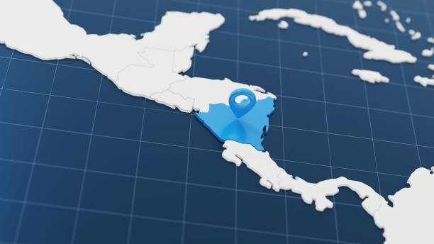 Blue Nicaragua 3d map with pointer pin surrounded with other countries in white. Europe political map with borders. 3d render illustration.