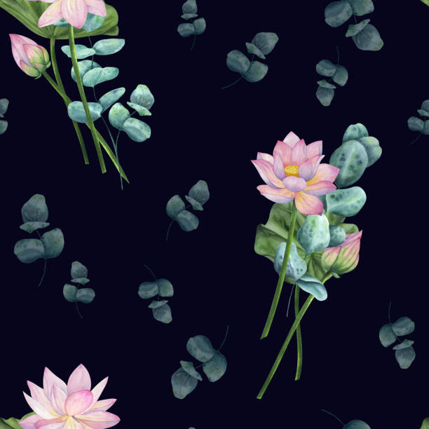 istock Pink lotus flowers, buds and leaves with eucalyptus branches. Watercolor seamless composition, pattern on dark background. For design and decoration, printing and textiles, souvenirs and typography 2191739273