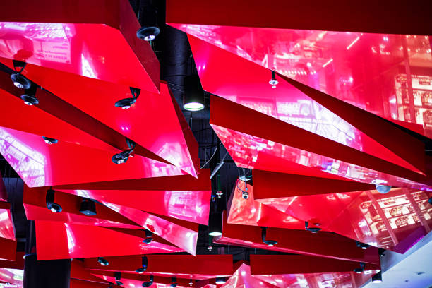 istock stylish metal ceiling with red details in a modern interior 2191740854