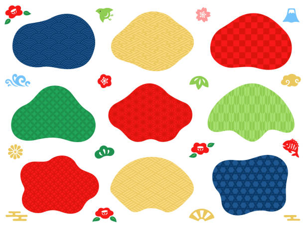 Japanese style soft frames and icon set Soft frames with various traditional Japanese patterns and Japanese new year icons set seigaiha stock illustrations