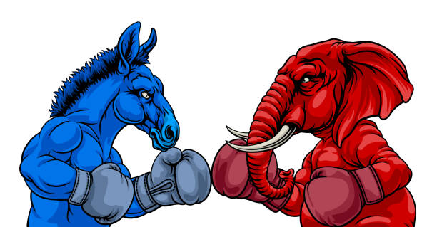 Republican Democrat Election Party Politics Republican and democrat elephant and donkey facing off American election party politics concept republican elephant logo stock illustrations