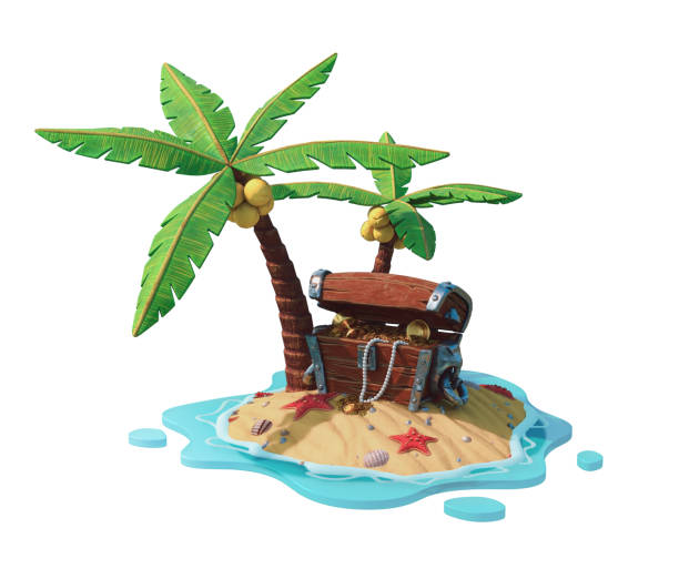 Opened wooden chest standing under palm trees on sand, sea shells, starfish. Old pirate fantasy treasure chest lost on island with gold coins, goblet, pearl beads. 3d render isolated on white backdrop