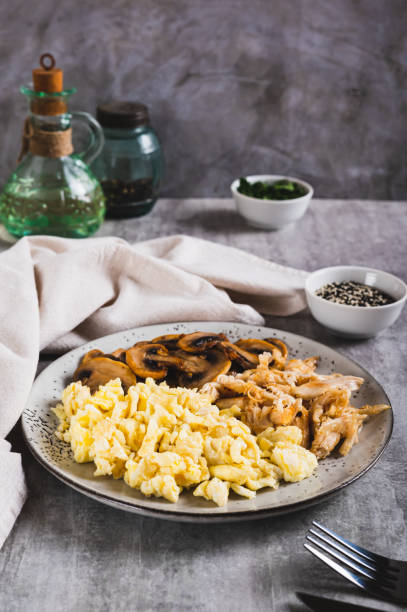 istock Scrambled eggs, fried chicken and champignons on a plate on the table vertical view 2191750770