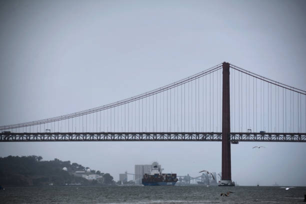 View of 25 de Abril Bridge famous tourist landmark of Lisbon connecting Lisboa to Almada on Setubal Peninsula over Tagus river with birds.  Lisbon, Portugal