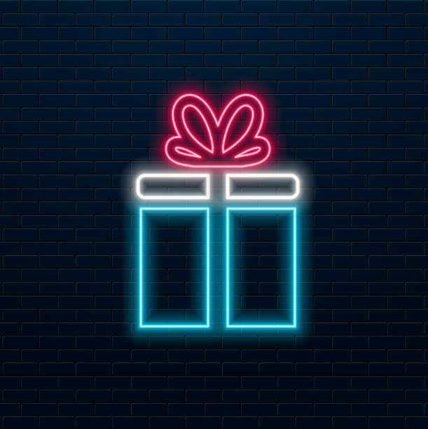 istock Neon gift box icon of depicted structure. Glowing neon gift box frame with crown sign, royal gift pictogram. Premium gift, luxury gift, royal prize and toast, best surprise. Vector Icon Set 2191751871