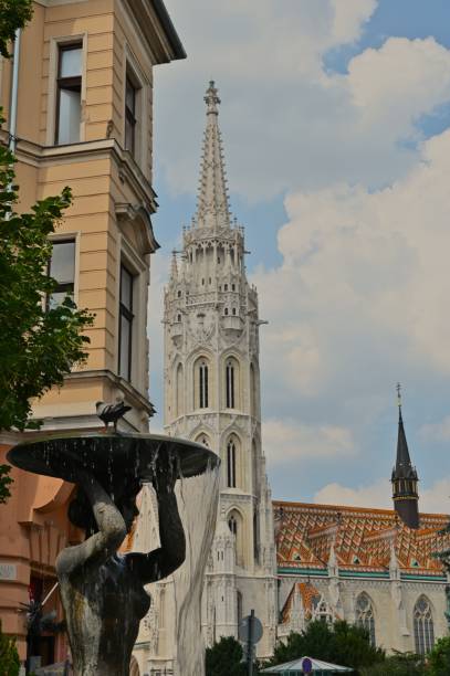 An exterior view of the architectural detail of the ornate buildings in the Fishermans Bastion region of Budapest in Hungary.