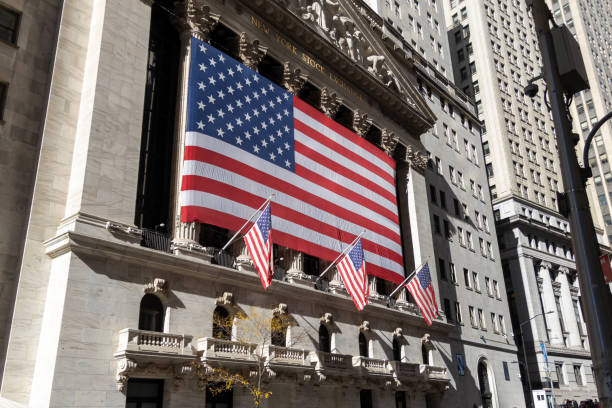 New York, New York State, USA,  July 1, 2024: The facade of the Stock Market building in the heart of the Financial district in New York: Wall Street