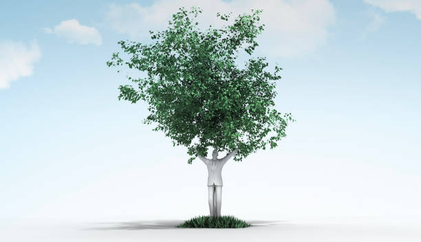 The leaves coming out of the hands of a man with his arms raised in the air rise to the sky like a tree. Protecting and glorifying nature is in the hands of man. / You can see the animation movie of this image from my iStock video portfolio. Video number: 2191693469