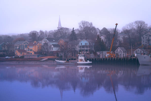 Foggy Tranquil Winter Landscape over the Quinnipiac Riverfront Park in New Haven, Connecticut, USA