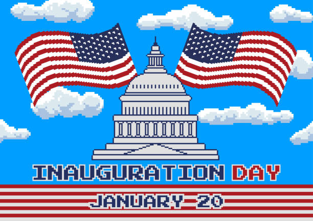 Inauguration day Presidential. Capitol Building and American Flag in Pixel Art. Vector illustration