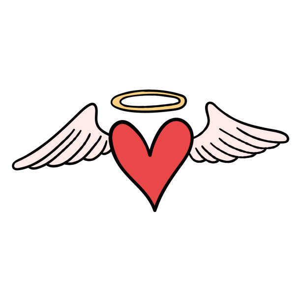 Hand drawn cartoon heart with wings and halo on white background. Hand drawn cartoon heart with wings and halo isolated on white background. Vector illustration. clip art of a cupid free stock illustrations