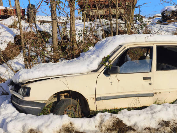 Old cars rotting in trench by the road in winter