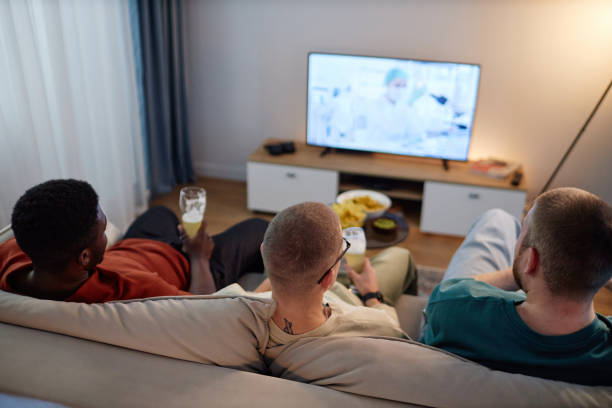 istock Back View at Friends Sitting on Sofa with Beer Glasses Watching TV 2191783918