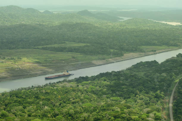 An aerial view of the Panama Canal surrounded by lush greenery, with a large ship entering the canal. The scene showcases the engineering marvel of the canal and its integration into the natural landscape of Panama.