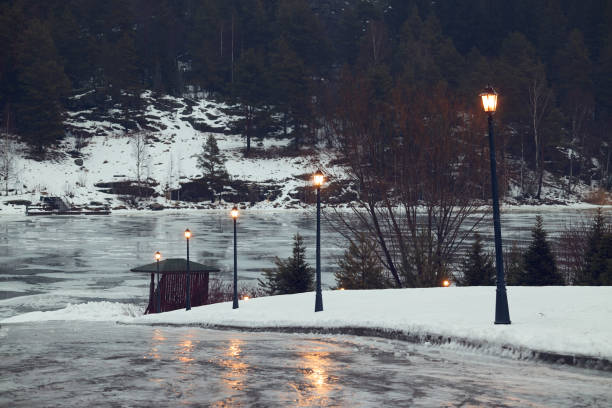 A tranquil winter scene features falling snow, glowing street lamps, and a reflective surface under the dusky sky