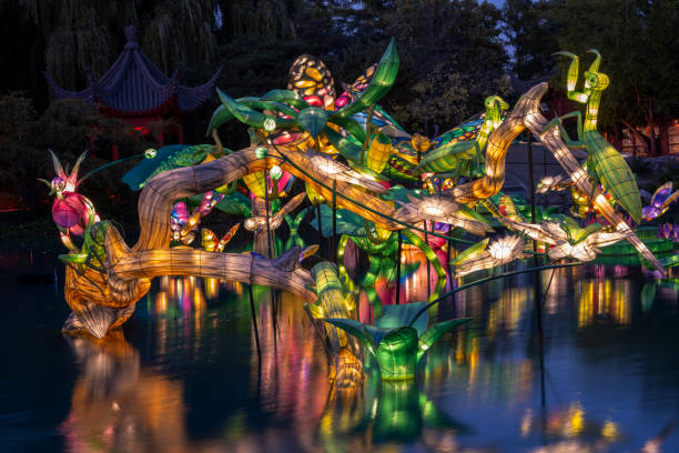 Montreal, Canada - September 29, 2024. Garden of Light Show in Chinese Garden at Montreal Botanic Garden, Montreal, Quebec, Canada