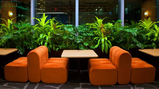 istock Modern Cozy Seating with Greenery in a Nighttime Urban Space of an open space office 2191806670