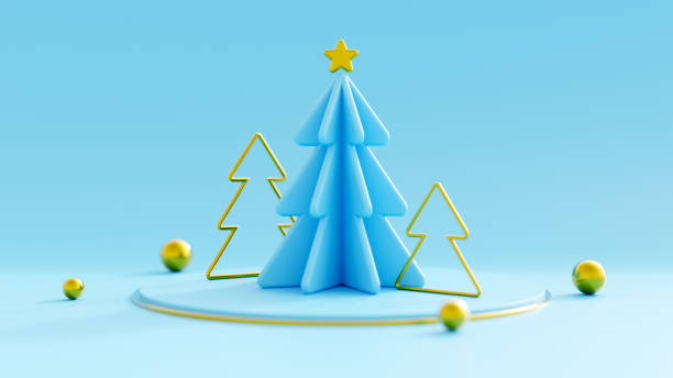 Festive abstract scene featuring a modern minimalist Christmas tree  on a light blue background
