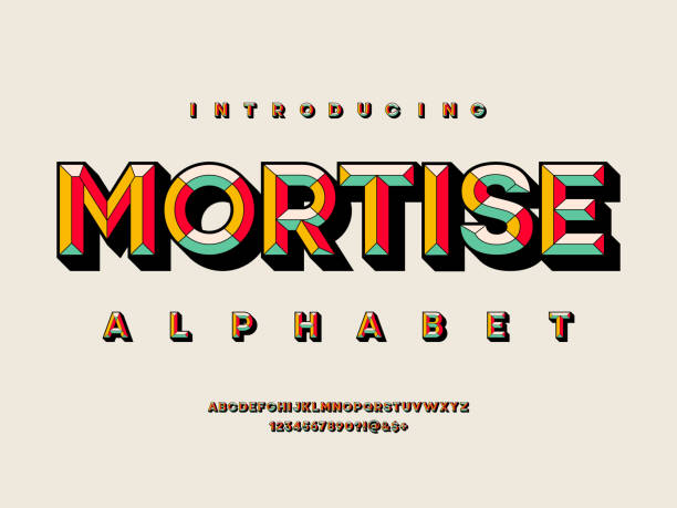 chisel font colorful chisel style alphabet design with uppercase, numbers and symbols vintage foto stock illustrations