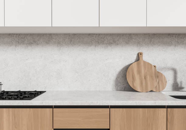 istock Stylish home kitchen interior with sink and gas stove, empty space 2191822535