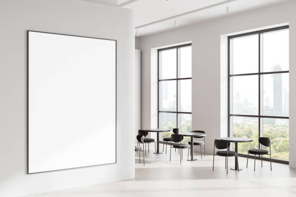 istock Cafeteria interior with chairs and dining tables, window. Mockup frame 2191822603