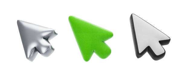 Three arrow-shaped balloons in silver, green, and white are placed side by side. Each balloon has a unique texture. White background. Concept of navigation and direction. 3D Rendering