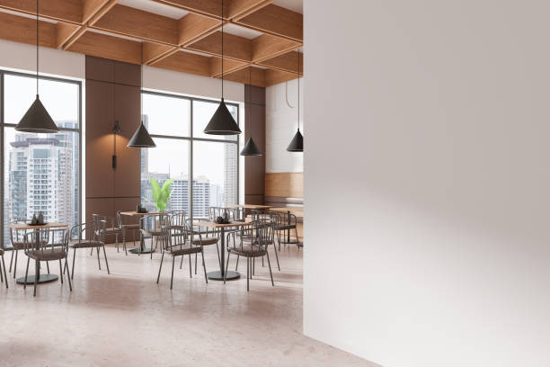 istock Blank wall mockup in modern restaurant interior with large windows and city view. 3D Rendering 2191822762