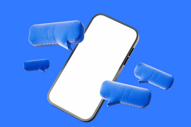 Smartphone mockup with blank screen and blue chat bubbles on a blue background. 3D Rendering