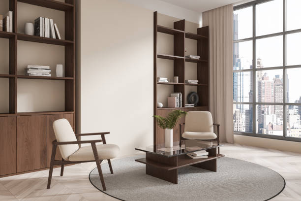 istock Cozy home living room interior with armchairs and coffee table, panoramic window 2191823001