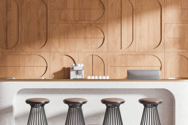 istock Modern coffee bar with wooden wall design and stools. 3D Rendering 2191823827