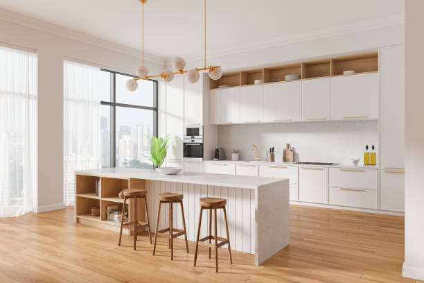 istock Modern kitchen interior with island and bar stools in daylight. 3D Rendering 2191823943