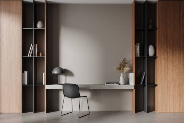 istock Modern Home Office Interior Design with Wooden Shelves. 3D Rendering 2191824095