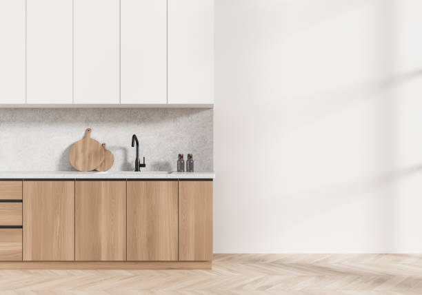 istock Kitchen interior with wooden cabinets and blank white wall. 3D Rendering 2191824144