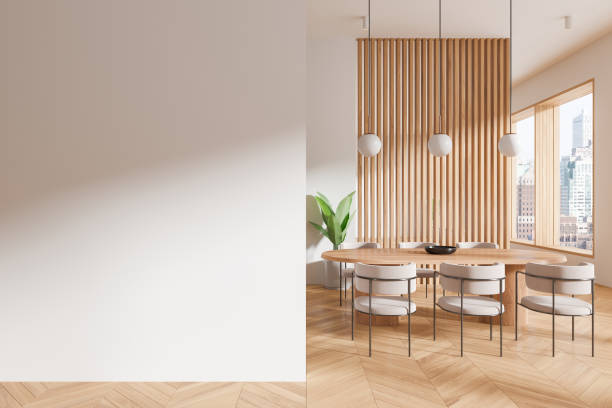 istock Home living room interior with eating table and chairs, window. Mockup wall 2191824157