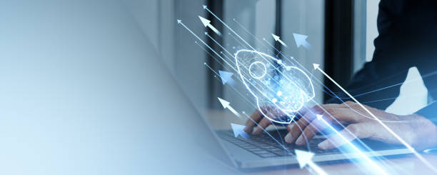 istock Man hands typing laptop and flying rocket with arrows, copy space 2191824202